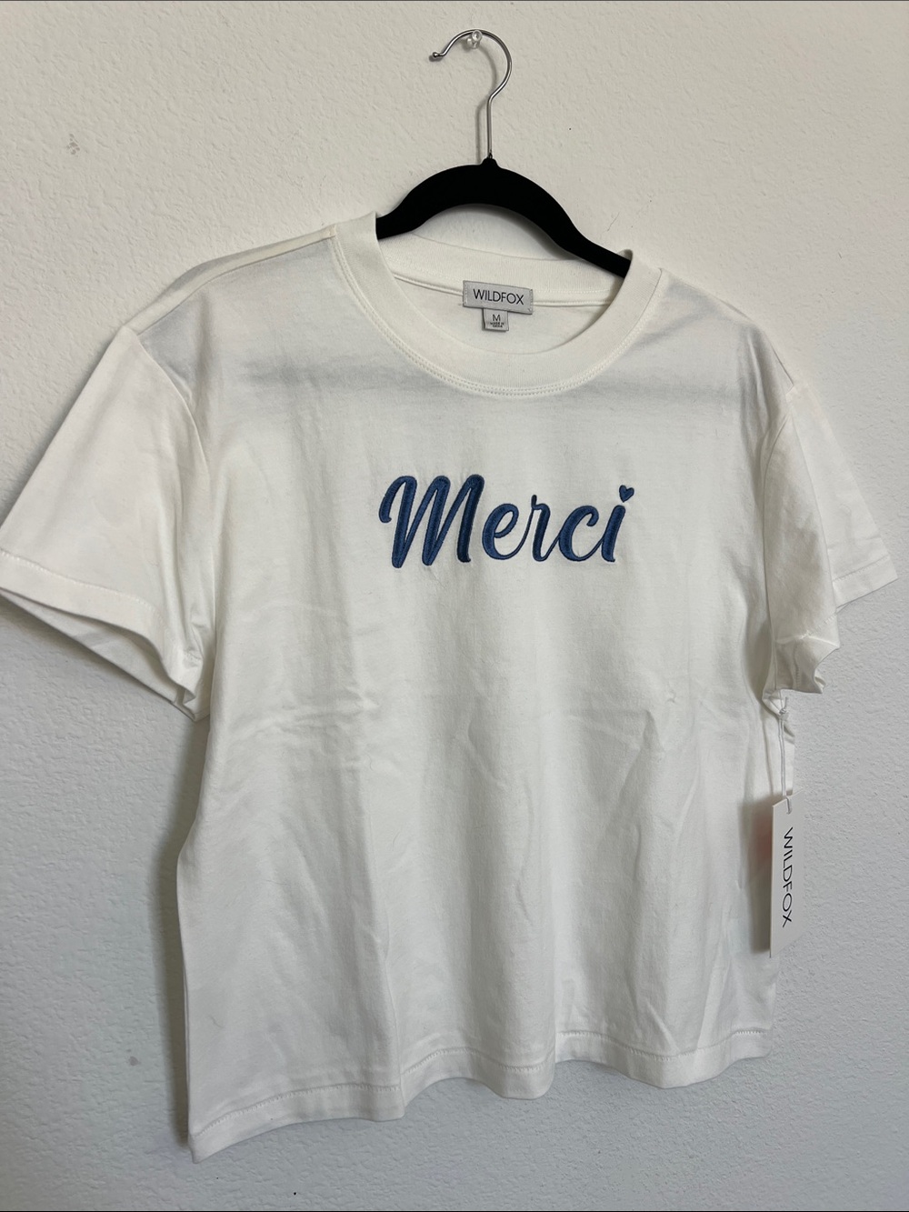 Wildfox White Tee with Blue "Merci" Script